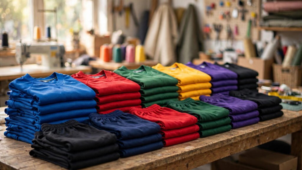 Neatly folded stacks of colorful custom sports jerseys and shorts on a workbench in a bright garment workshop.