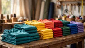 Neatly folded stacks of colorful custom football jerseys on a wooden table in a bright sportswear workshop.