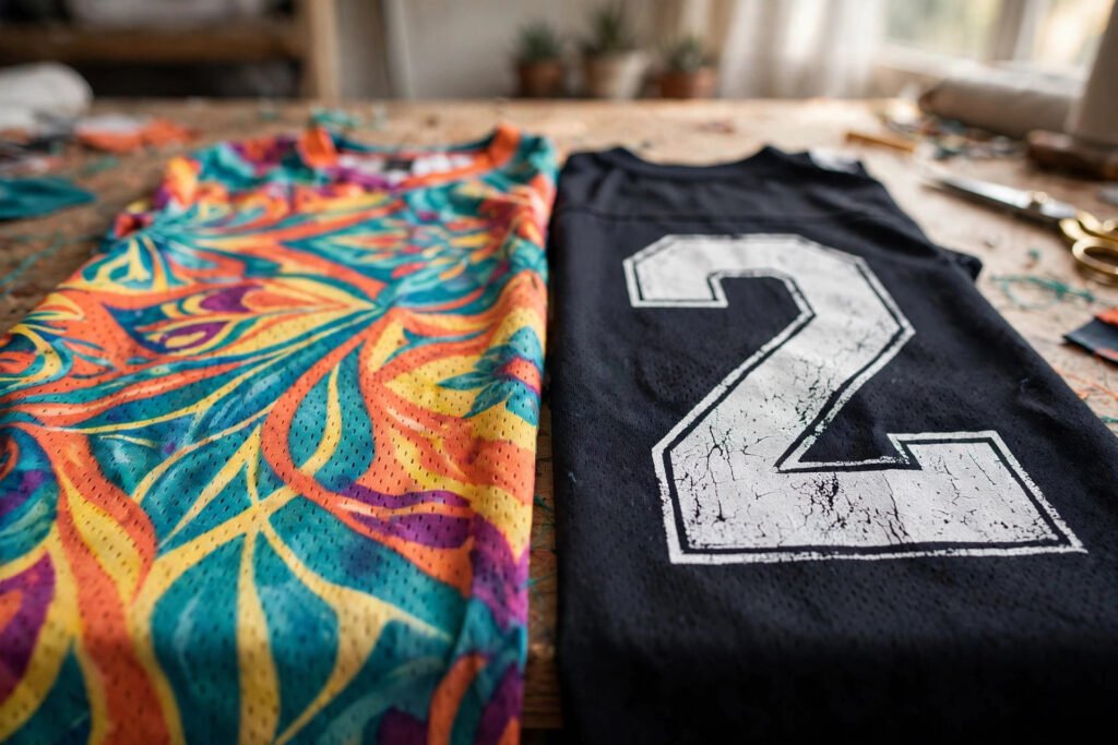 Two custom football jerseys side by side on a workshop table, one with vivid all-over printed graphics and one dark jersey with a large white printed number.