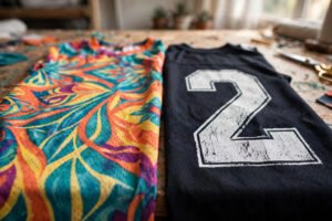 Two custom football jerseys side by side on a workshop table, one with vivid all-over printed graphics and one dark jersey with a large white printed number.